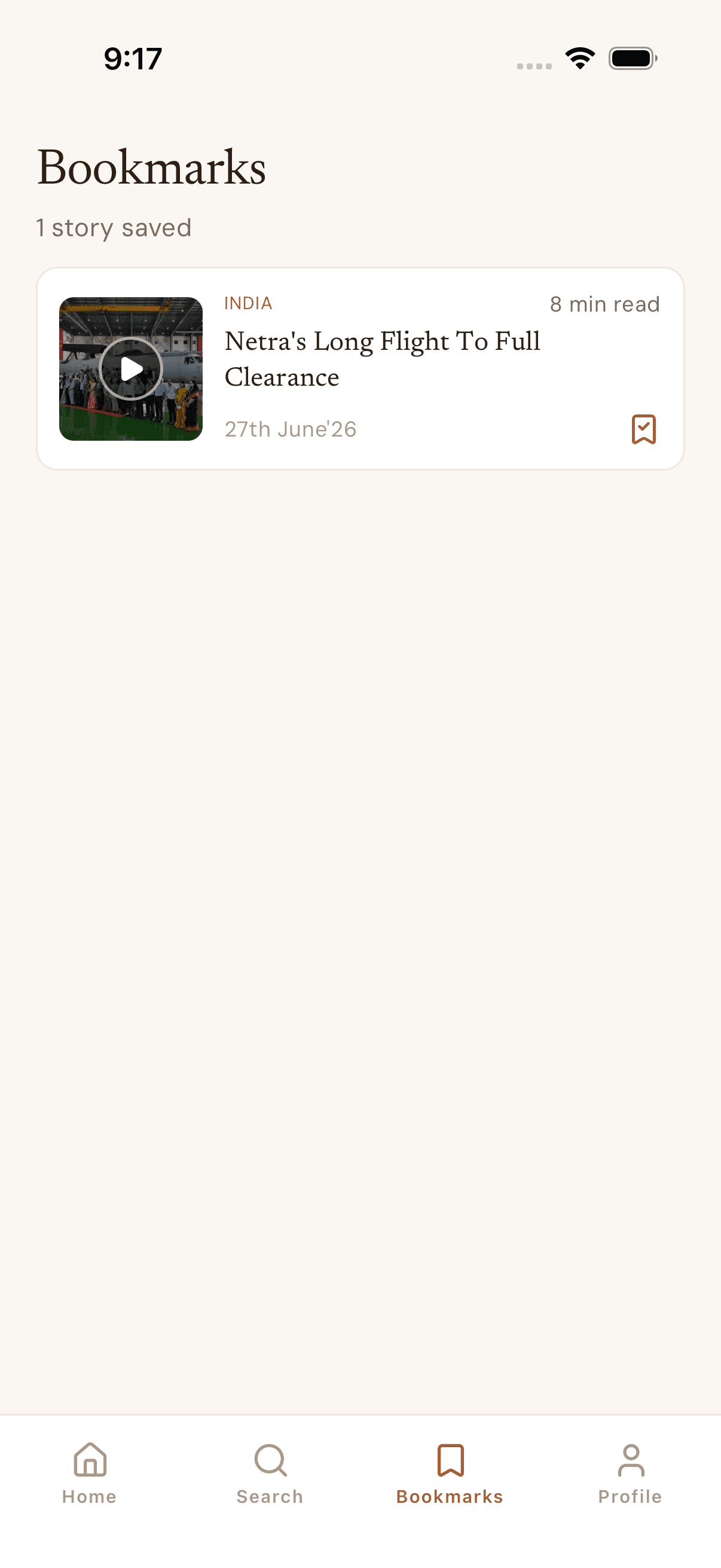 Bookmarks view with saved Qoffee stories
